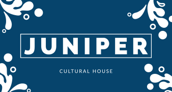 Blue background with white, rounded details in the corner, the word "Juniper" in the center, with "cultural house" underneath.