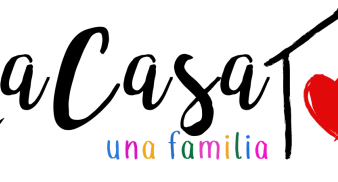 Black font with "La Casa" and multicolored font underneath with "una familia," black outline of house to the right with a red heart in the center of it.